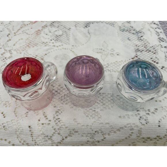 Set Of 3 Miniature Glass Shot Mugs Red Purple & Blue Bases Vintage Style Decorat - Picture 4 of 5